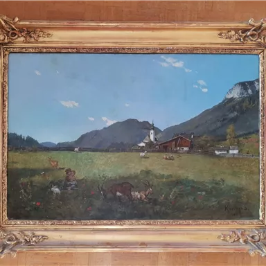 A picturesque landscape with gentle hills, a church, and a farmhouse. In the foreground, a few animals graze on the meadow.