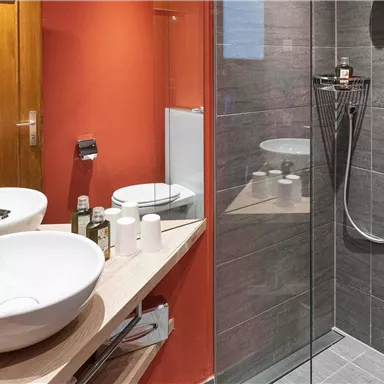 A modern bathroom with a shower and a large sink. The walls are painted in warm colors, and the fixtures are stylish and functional.