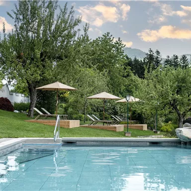 A swimming pool surrounded by green trees and lounge chairs. In the background, there are sun umbrellas and the landscape is calm and inviting.