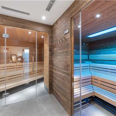 A modern wellness area with two saunas made of wood and glass. The atmosphere is relaxing and inviting.