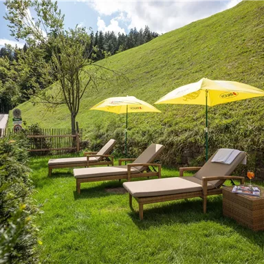 Gemütliche Liegen auf einer grünen Wiese unter gelben Sonnenschirmen. Im Hintergrund ist eine sanfte Anhöhe und Bäume zu sehen.