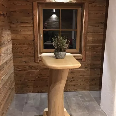 A wooden column with a small plant stands next to a window in a well-lit room. The walls are panelled with rustic wood.