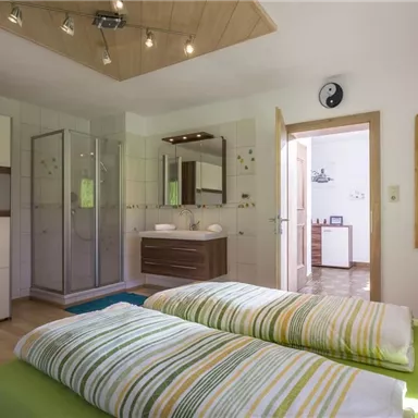 A modern bedroom with two single beds covered with striped bedspreads. In the background, there is a bathroom and a bright entrance area.