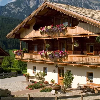 Ein gemütliches alpenländisches Haus mit blühenden Balkonkästen. Im Hintergrund sind majestätische Berge und eine grüne Landschaft zu sehen.