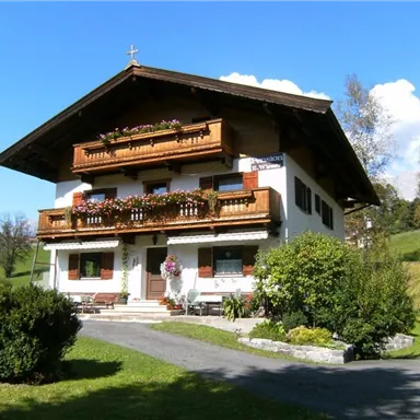 Ein traditionelles Schweizer Haus mit dem charakteristischen Holzbalcony. Umgeben von grünen Wiesen und Bäumen unter einem blauen Himmel.