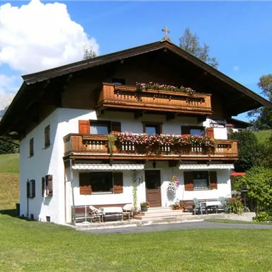 Ein charmantes Haus im alpenländischen Stil mit bunten Blumen auf den Balkonen. Umgeben von grüner Wiese und einem klaren blauen Himmel.