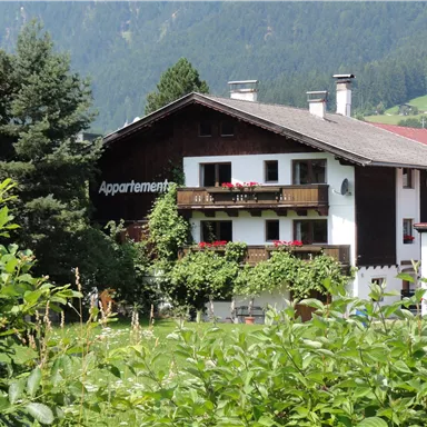 A charming holiday apartment in Alpine style with a beautiful balcony. Surrounded by green landscape and mountains.