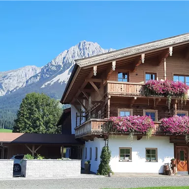 A cozy wooden house with blooming balcony flowers in front of an impressive mountain landscape. The sky is clear and the nature around the house is green and inviting.