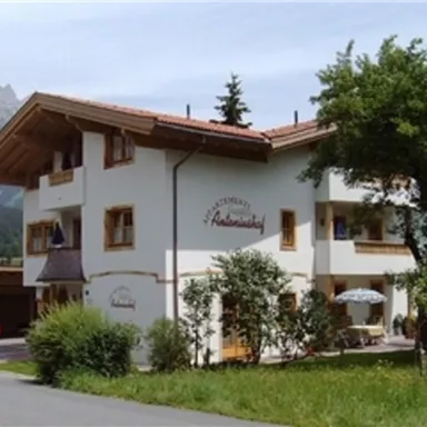 Eine charmante Pension im alpinen Stil mit einem großen Garten und einer Auffahrt. Im Hintergrund sind Berge und eine klare blaue Himmel zu sehen.