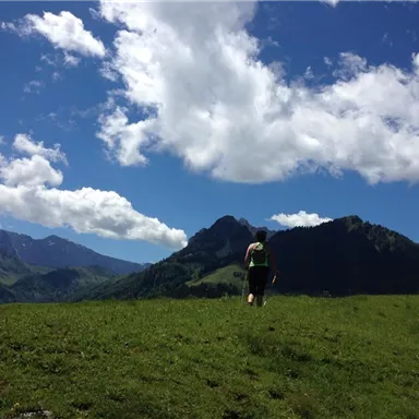 Eine Person wandert über eine grüne Wiese in den Bergen. Der Himmel ist blau mit einigen weißen Wolken.