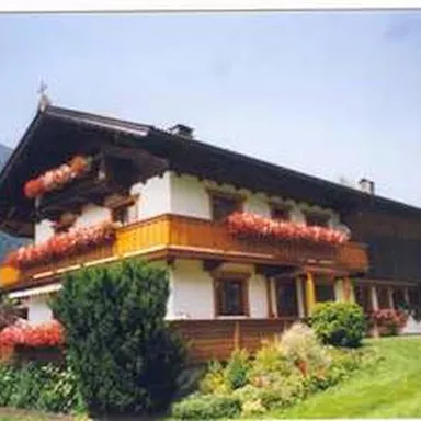 A beautiful traditional house with wooden cladding and blooming balcony boxes. Surrounded by green countryside and mountains in the background.