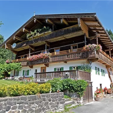 A traditional wooden house with balconies and colorful flowers. It is located in a green environment with trees and meadows.