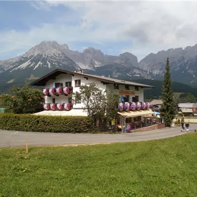 A charming building with blooming plants and mountains in the background. The landscape is green and inviting.