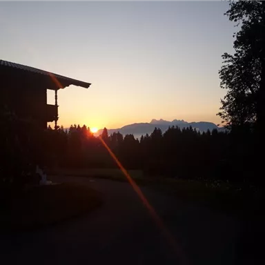 Ein wunderschöner Sonnenuntergang hinter den Bergen. Im Vordergrund ist ein Haus und die Silhouette von Bäumen sichtbar.
