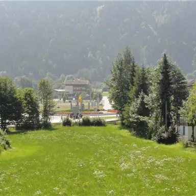 A green meadow surrounded by trees. In the background, one can see a small village in a mountainous landscape.
