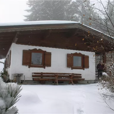 Ein gemütliches Holzhaus in einer winterlichen Landschaft. Der Schnee bedeckt den Boden und umgibt das Haus in einer nebligen Atmosphäre.