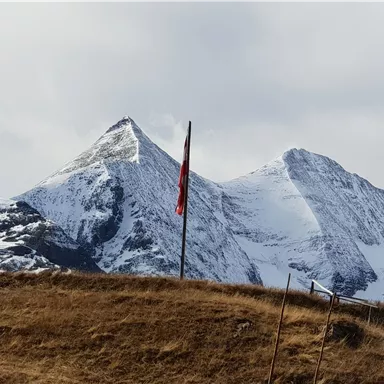 Two snow-covered mountains rise majestically against the sky. In the foreground, there is a flag on a green meadow.