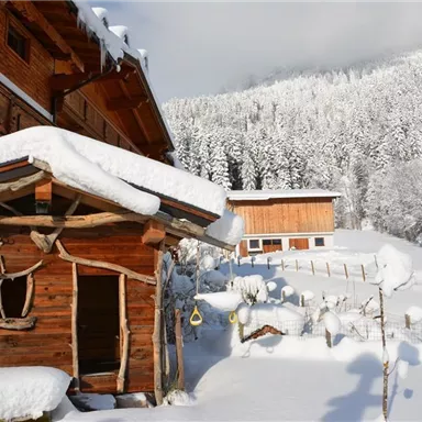 Eine verschneite Landschaft mit traditionellen Holzgebäuden. Die Bäume sind mit einer dicken Schicht Schnee bedeckt, und der Himmel ist wolkig.