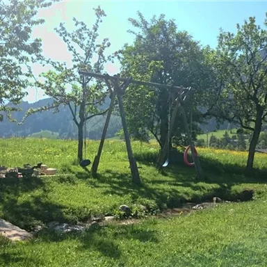 Ein schöner Garten mit grünen Wiesen und zahlreichen Bäumen. Im Hintergrund sind eine Schaukel und ein kleiner Bach zu sehen.
