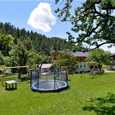 Ein weitläufiger Garten mit einem Trampolin und Schaukelspielzeug. Im Hintergrund sind Bäume und ein Gebäude sichtbar.