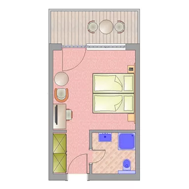 A schematic representation of a small room with two beds, a table, and some furniture. The room is well-structured with a modern layout.