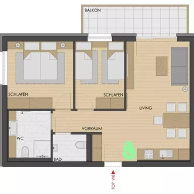 A modern apartment layout with two bedrooms, a living room, and a bathroom. The balcony is also shown, and the areas are open-plan.
