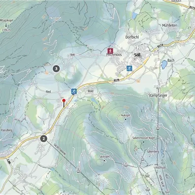 Eine detaillierte Karte mit hügeligem Gelände und Straßen. Wichtige Orte und Punkte sind eingezeichnet.