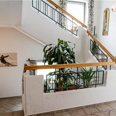A bright stairwell with plants and sculptural elements. The walls are adorned with pictures, and the light is filtered through large windows.