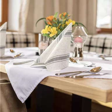 Ein schön gedeckter Tisch mit eleganten Servietten und frischen Blumen. Die Atmosphäre ist einladend und gemütlich.