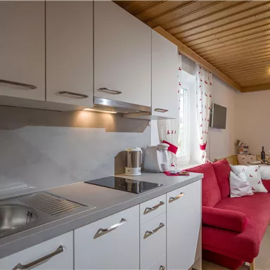 Eine modern eingerichtete Küche mit einem roten Sofa. Viel Tageslicht fällt durch die Fenster und schafft eine gemütliche Atmosphäre.