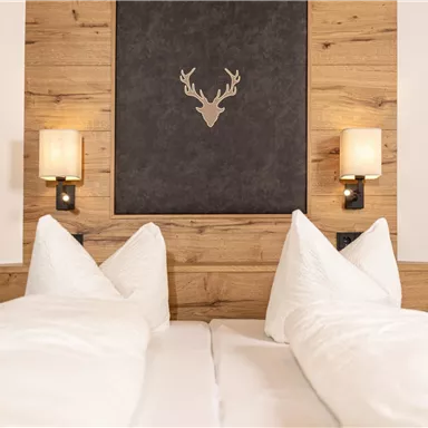 Ein gemütliches Schlafzimmer mit zwei Einzelbetten und holzverkleideten Wänden. Über dem Bett hängt ein stilvolles Wanddecor mit einem Geweih-Motiv.
