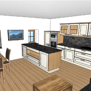 Eine moderne Küche mit Holzmöbeln und schwarzen Arbeitsflächen. Sie enthält einen Esstisch, Stühle und einen Fernseher an der Wand.