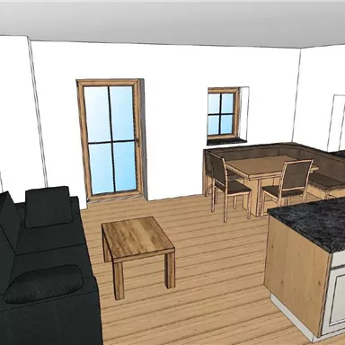 Eine moderne Wohnküche mit einem Esstisch und Stühlen. Auf der linken Seite befinden sich ein Sofa und ein Couchtisch.