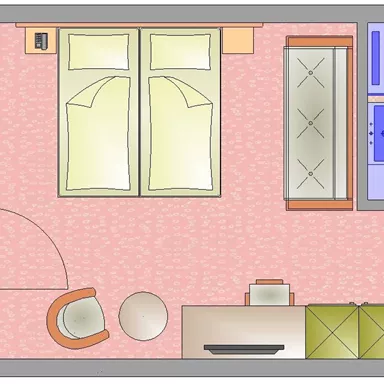 A simple room layout with two beds, a table, and a chair. The bathroom is also visible, with a toilet and a sink.