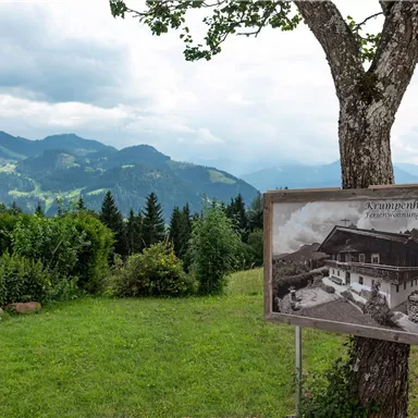 A beautiful view of the mountains with dense vegetation in the foreground. The picture includes a sign with a historical photo of a house.