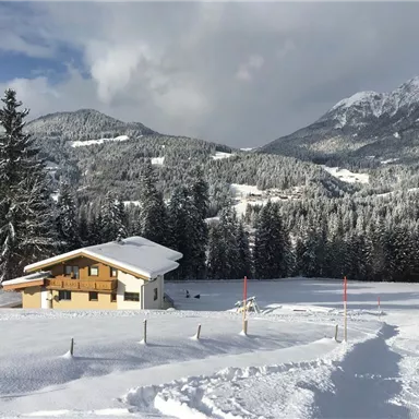 A snow-covered landscape with a cozy wooden house. In the background, snow-capped mountains and tall fir trees can be seen.