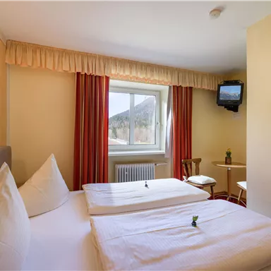 Ein gemütliches Gästezimmer mit zwei Einzelbetten und Aussicht auf die Berge. Der Raum ist hell und freundlich mit einem kleinen Tisch und Stühlen.