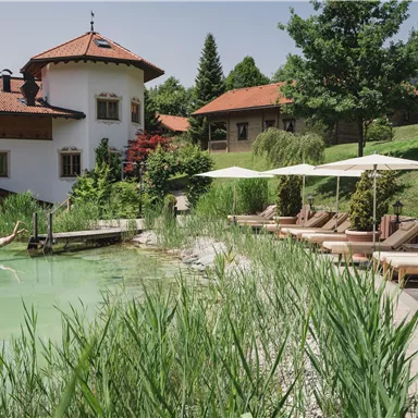 Ein ruhiger Garten mit einem Teich und Liegestühlen. Im Hintergrund sind ein charmantes Gebäude und schattenspendende Bäume zu sehen.
