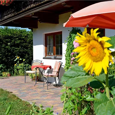 Ein gemütlicher Außenbereich mit einem Tisch und Stühlen vor einem Haus. Im Vordergrund blüht eine Sonnenblume und es gibt grünes lauschiges Gras.