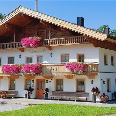 Ein traditionelles alpenländisches Haus mit schönen Balkonen und blühenden Pflanzen. Die Umgebung ist grün und sonnig, ideal für eine gemütliche Auszeit.