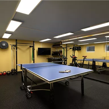Ein moderner Spielraum mit zwei Tischtennisplatten. Die Wände sind gelb und der Boden ist mit Teppich ausgelegt.