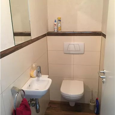 Ein kleines Badezimmer mit einem WC, einem Handwaschbecken und einem Spiegel. An der Wand hängen ein Handtuch und einige Pflegeprodukte.