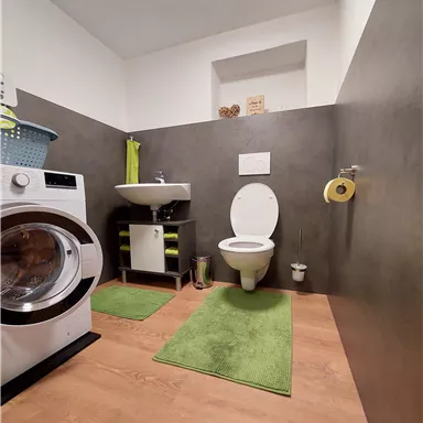 A modern bathroom with a washing machine, a white toilet, and a small sink. The room is decorated in neutral colors and adorned with green carpets.