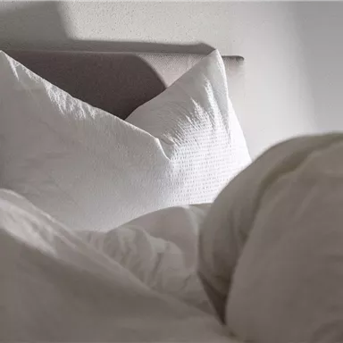 A cozy bedroom with white pillows and a soft blanket. Gentle light falls on the bed.
