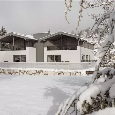 A modern house in the snow with large windows and a clear design. Surrounded by snow-covered trees and a quiet winter landscape.