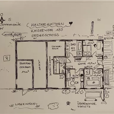 A sketch of a floor plan with multiple rooms and labels. The plan shows the layout of the kitchen, living room, and bedroom.