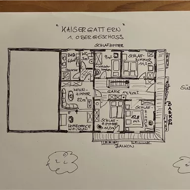 A floor plan of the first upper floor with various rooms. The plan shows bedrooms, a living-dining room, and balconies.