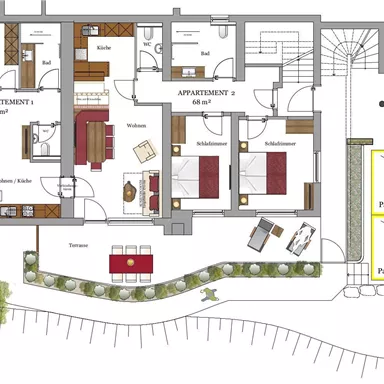 A floor plan of a residential building with three apartments. The arrangement of the rooms, kitchen, and parking spaces is clearly depicted.
