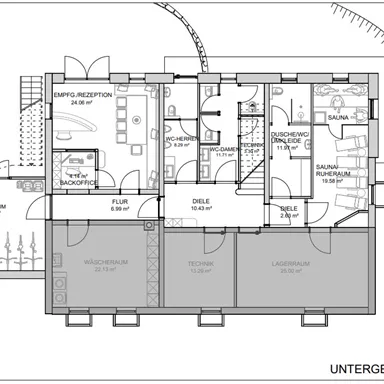 A floor plan of the basement of a building. It shows various rooms such as reception, sauna, and technical rooms.