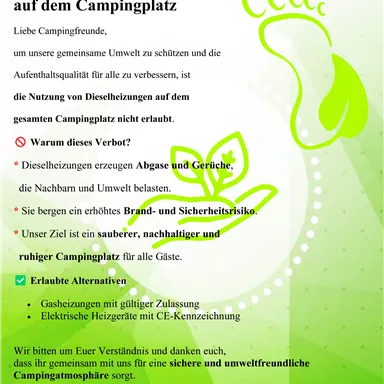 An information sign for campers about the ban on diesel heaters at the campsite. The goal is to protect the environment and ensure a clean, safe stay.
